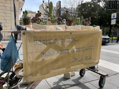 Sul suo carretto�mobile, nonch� �vetrina� del salentino, troviamo creazioni�composte da materiale�riciclato o rilevato in natura: si va dal vaso in pietra leccese�rinvenuta tra gli scarti rocciosi dei minatori della Cava di Cursi,�alle piante grasse che lo abitano, raccolte da Gianpiero direttamente da campagne, prati e paesaggi rurali